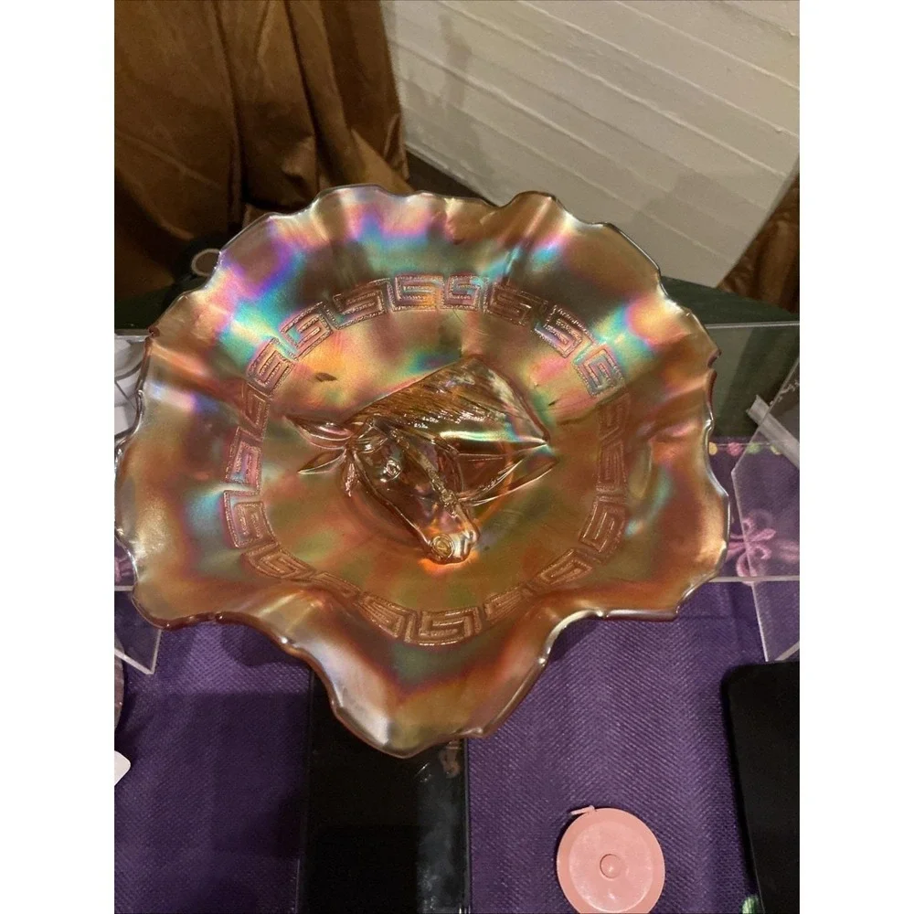 Dugan Carnival Glass Pony Horse‎ Head Ruffled Bowl Marigold Greek Key Iridescent